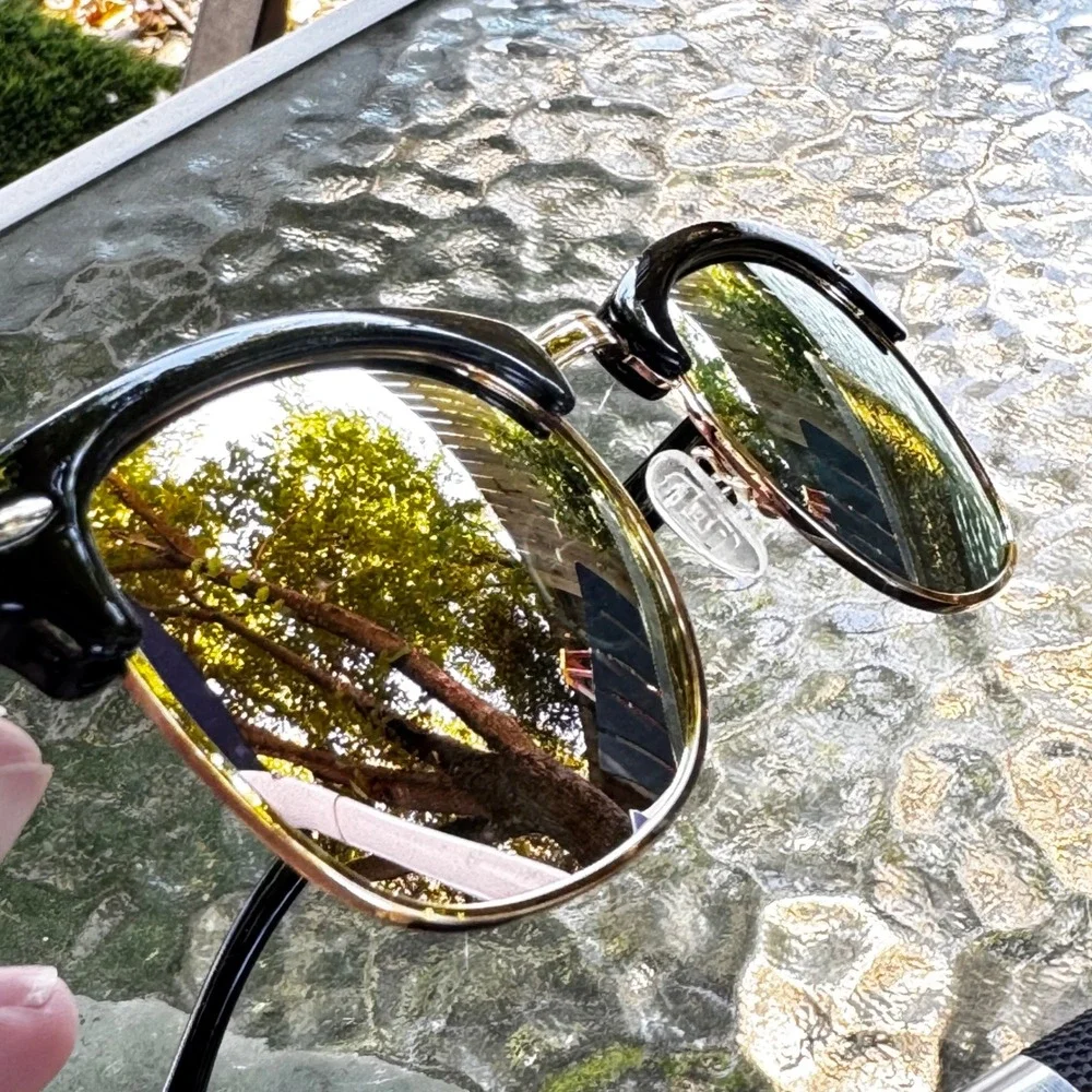 NIEEPA Clubmaster Style Reflective Sunglasses Black Gold Lenses Vintage Inspired